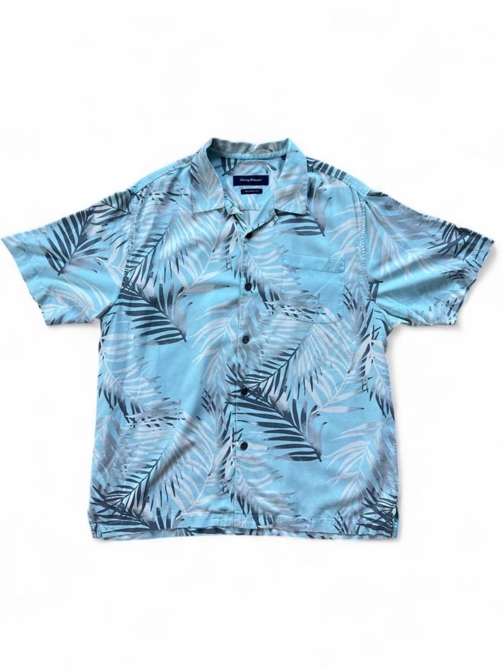 Tommy Bahama 100% Silk Hawaiian Camp Shirt Men's Large Blue Palm Leaf